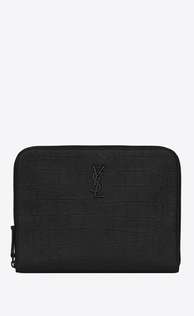 Monogramme Tablet-Etui aus schwarzem Leder mit Krokodillederprägung
